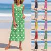 Women's Summer Polka Dot Print Dress Sleeveless Button Down Casual Loose Long Beach Sundress