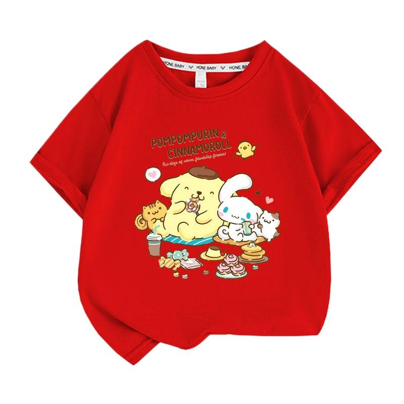 Летняя футболка Sanrio для девочек и мальчиков с принтом Пудинг Собака Мультяшный топ с коротким рукавом