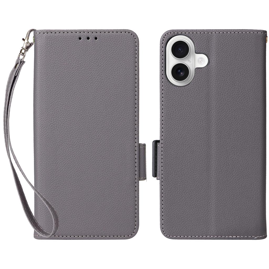 For iPhone 16 Plus Case with Wrist Strap Litchi Texture PU Leather Wallet Phone Cover