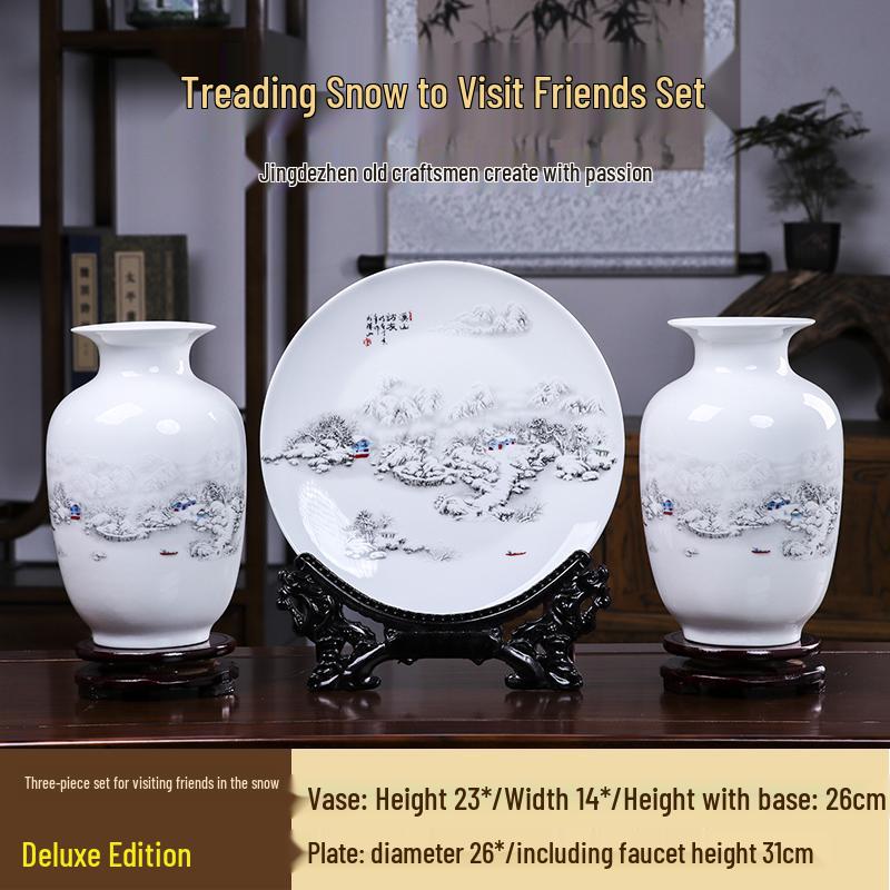 Good Fortune Jingdezhen Ceramic Vase Set: 3-Piece Décor for Living Room, Curio Shelf, or TV Cabinet