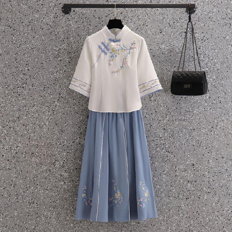 Весенний республиканский женский ханьфу для чайной церемонии: Костюм Танг Приталенный Вышитый Ципао Комплект из двух предметов