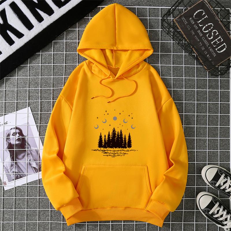 Hooded Dark Forest Print Letter Universe Faith Harajuku Hooded Women Hoodie O-neck Long Sleeve White Tops Female Clothing