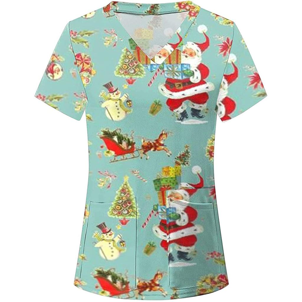 Женские топы с короткими рукавами и v-образным вырезом с рождественским принтом, рабочая форма, карманная блузка