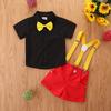 Toddler Boys Gentleman Suits, Summer Short Sleeve Bowtie Lapel Shirt + Bib Shorts Set