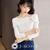 Boat Neck Knit Top with Ribbon Slim J-Scott Motif, Lightweight, Soft, Fit, 1/4 Sleeves, White, JS112-WH-L