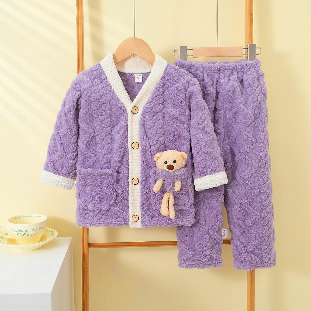 Детские осенне-зимние мягкие фланелевые теплые пижамные комплекты, детская мультяшная пижама с принтом медведя, пальто и брюки, пижама для мальчиков и девочек, повседневная одежда для сна