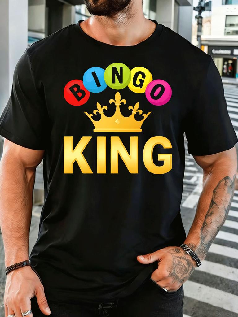 Bingo King Colorful Bingo Balls Crown Unisexs Print T Shirt Game Lover Graphic Tee Casual Short Sleeve Top Bingo Player Fan Gift