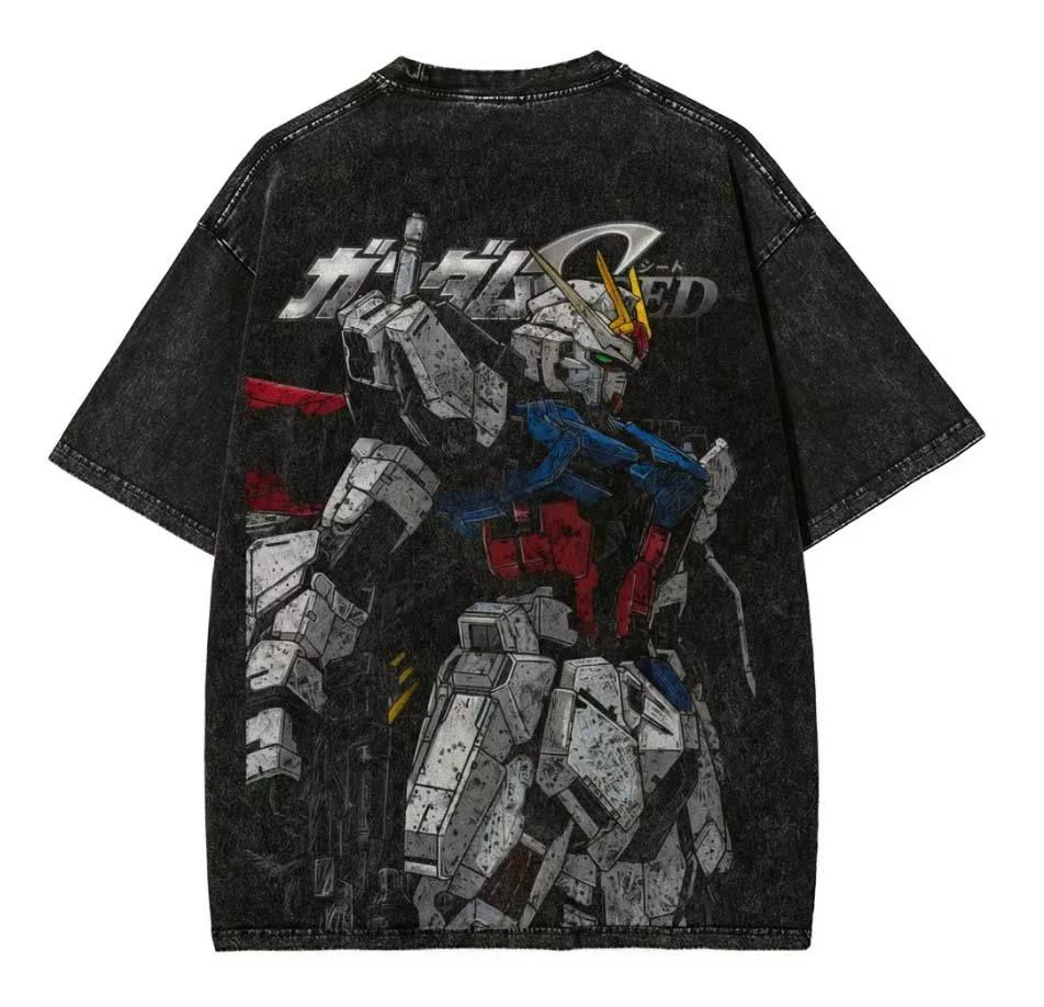 Футболка с принтом кандзи Strike Gundam Мужская и женская Стиранная футболка Высококачественная Винтажная хлопковая футболка Харадзюку YK Топы
