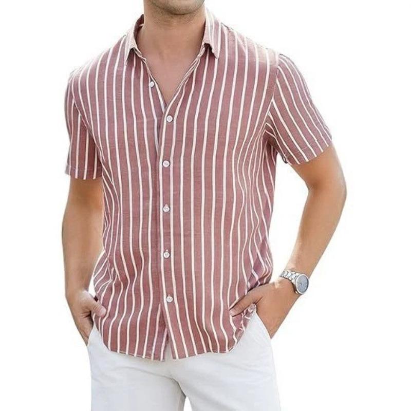 Men Vertical Stripe Lapel Short Sleeve Linen Blend Button Down Shirt
