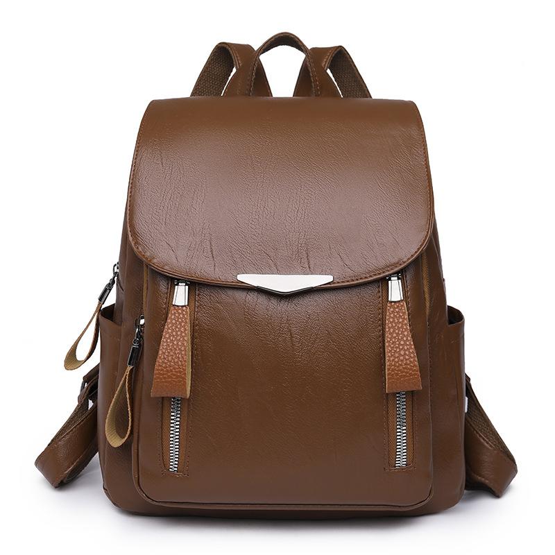 Women's Flap Backpack Solid Color PU Leather Large Capacity Female Daypack Backpack Rucksacks Casual Travel School Bag