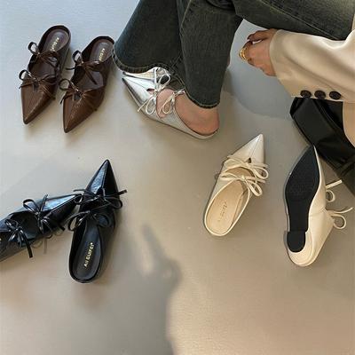 Туфли-мюли с острым носком и бантом 2025 с открытой пяткой, с мягким задником, ленивые туфли-мюли, нежные универсальные сандалии на плоской подошве
