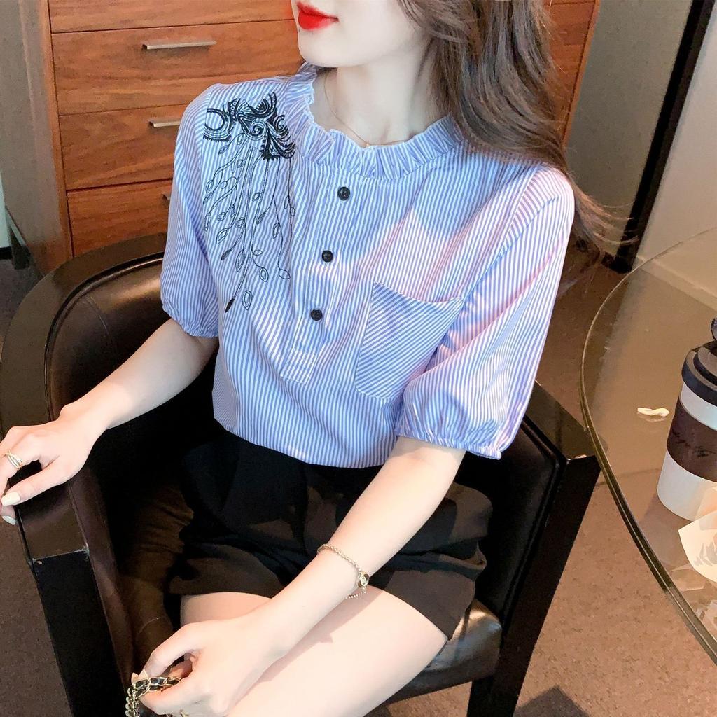 Синяя полосатая шифоновая рубашка с вышивкой, женская летняя новая блузка с воротником-стойкой и короткими рукавами, модный повседневный топ