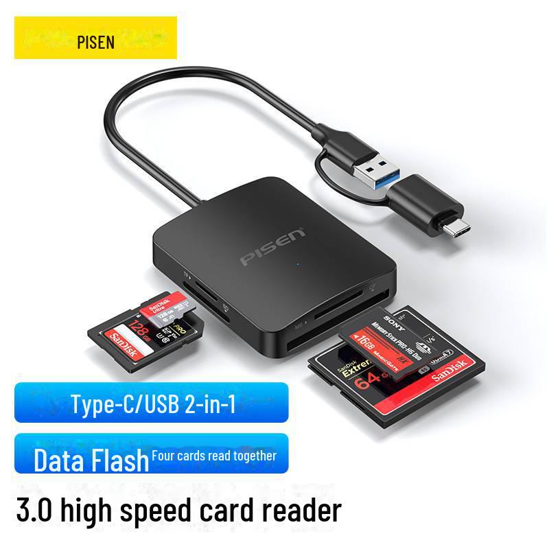 PISEN 4-in-1 USB 3.0 Card Reader for SD, TF, MS, CF - High Speed, Android Type-C Compatible