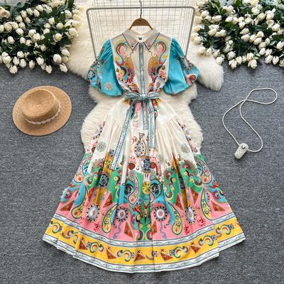 Летние женские платья больших размеров с винтажным принтом и подиумным принтом, рубашка с рукавами-фонариками, платья больших размеров со шнуровкой