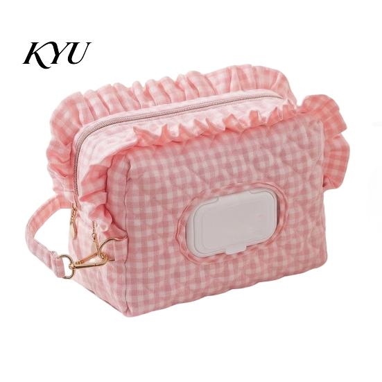 Baby Diaper Organizer Quilted Wipes Bag with Hanging Strap, Dual Compartment Zipper Travel Stroller Storage Portable Bag, Large Capacity Dispenser for