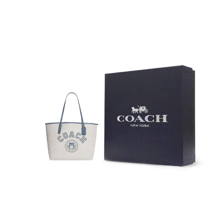 Новая сумка-тоут COACH City из искусственной кожи, сумка для покупок, наплечная сумка, сумочка, большой размер, женская, мелово-белая и индиго, CB869-SVUOB