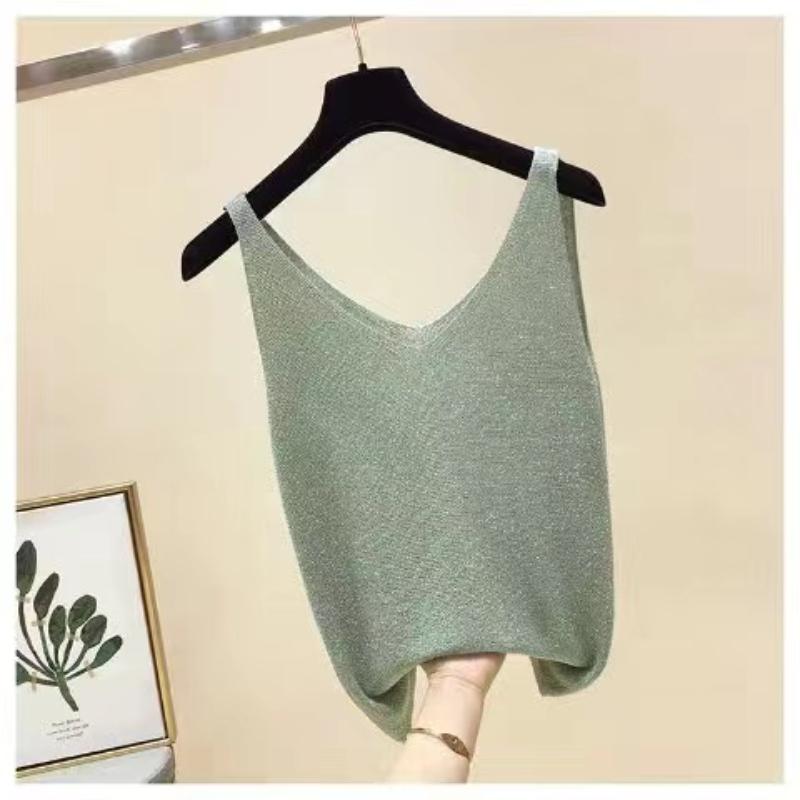 Women Summer New Sexy V-neck Loose Short Sleeveless Ice Silk Bottoming Shirt Casual Lightweight Cool Basic Top for Daily Wear Street