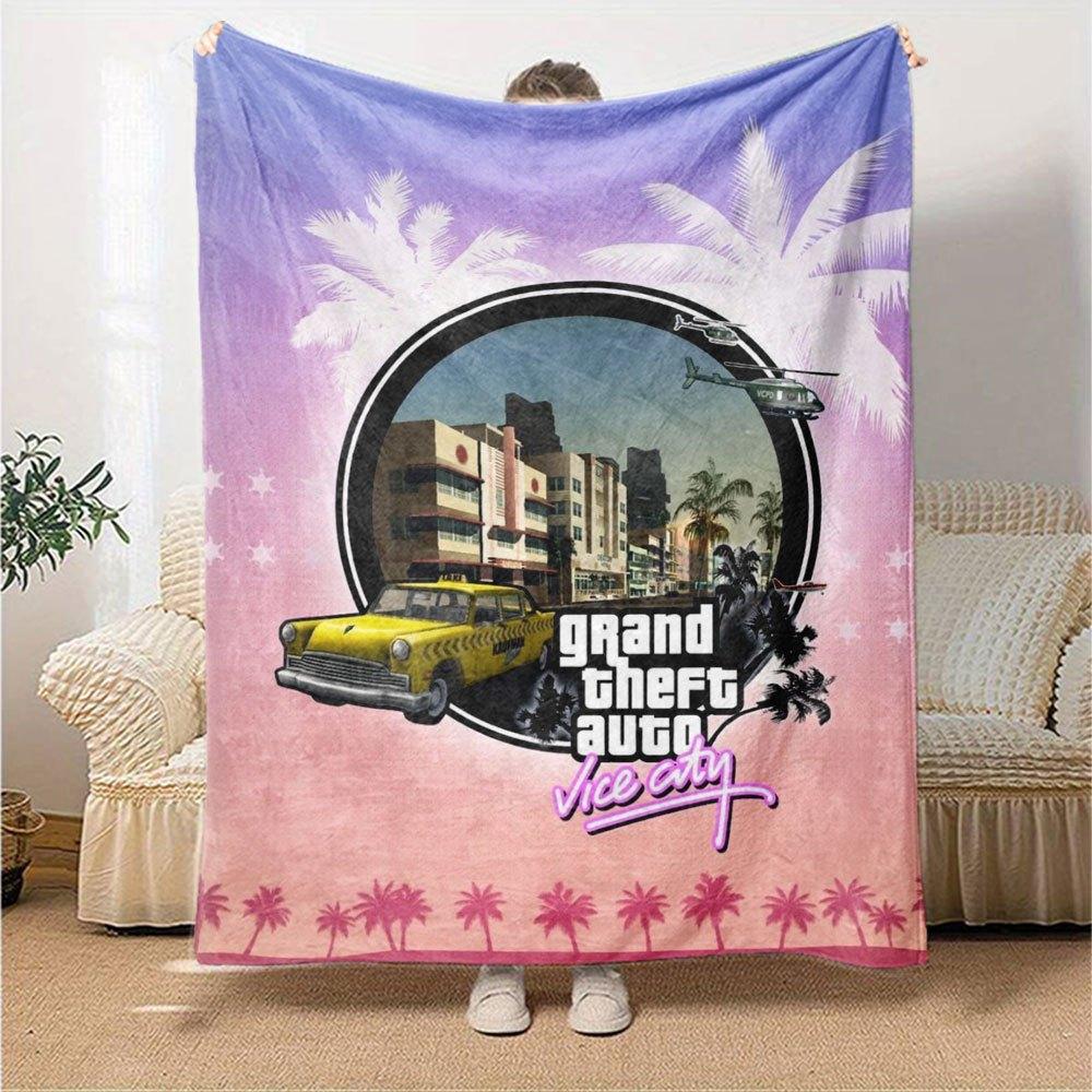 1 шт. Мягкое фланелевое одеяло Grand Theft Auto с дизайнерским принтом. Уютное одеяло для всех сезонов, идеально подходит для дивана, кровати, офиса