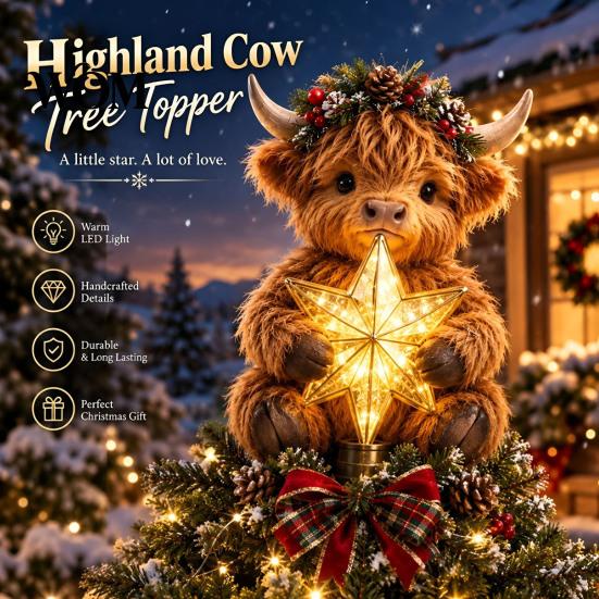 Rustic Farmhouse Holiday Decor Highland Cow Glowing Star Tree Topper, Lighted Christmas Decoration with Festive Indoor Decorations Warm LED,