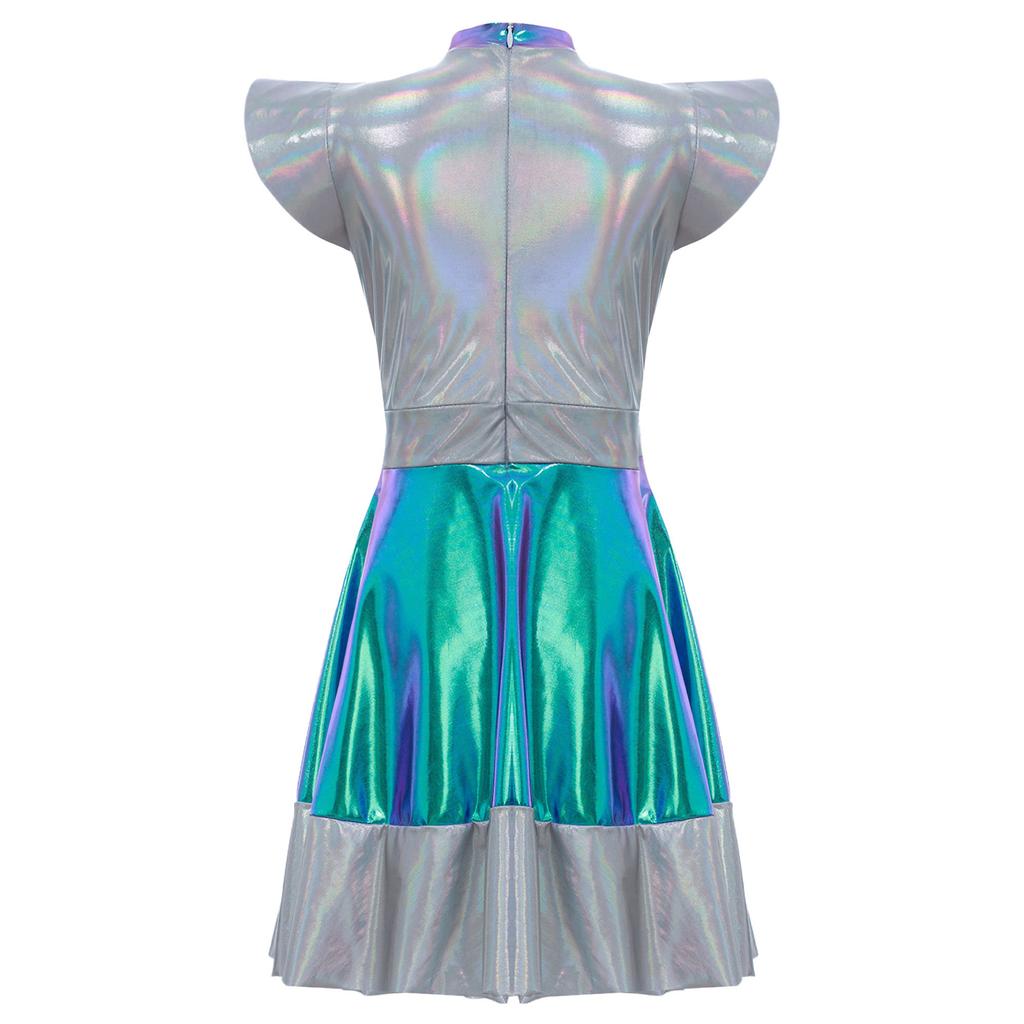 Детский глянцевый металлический космический костюм милашки на Хэллоуин, карнавальный костюм инопланетянина, платье с короткими рукавами, одежда Roly Play