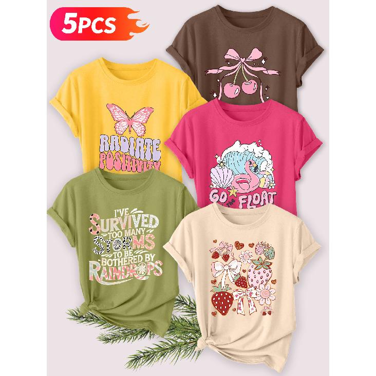 Five-piece set Elegant short-sleeved shirt for women Sunset Coast Print Round Neck Women's Short Sleeve Suitable for Spring and Summer Fashionable