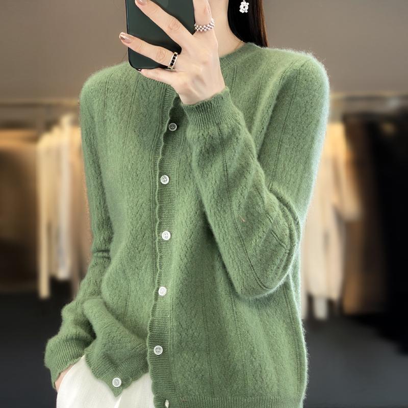 Women's Round Neck Cashmere Cardigan, Qinghe Cashmere, 30% Cashmere 70% Wool, Winter Knitted Pullover Autumn Sweater Cashmere Sweater