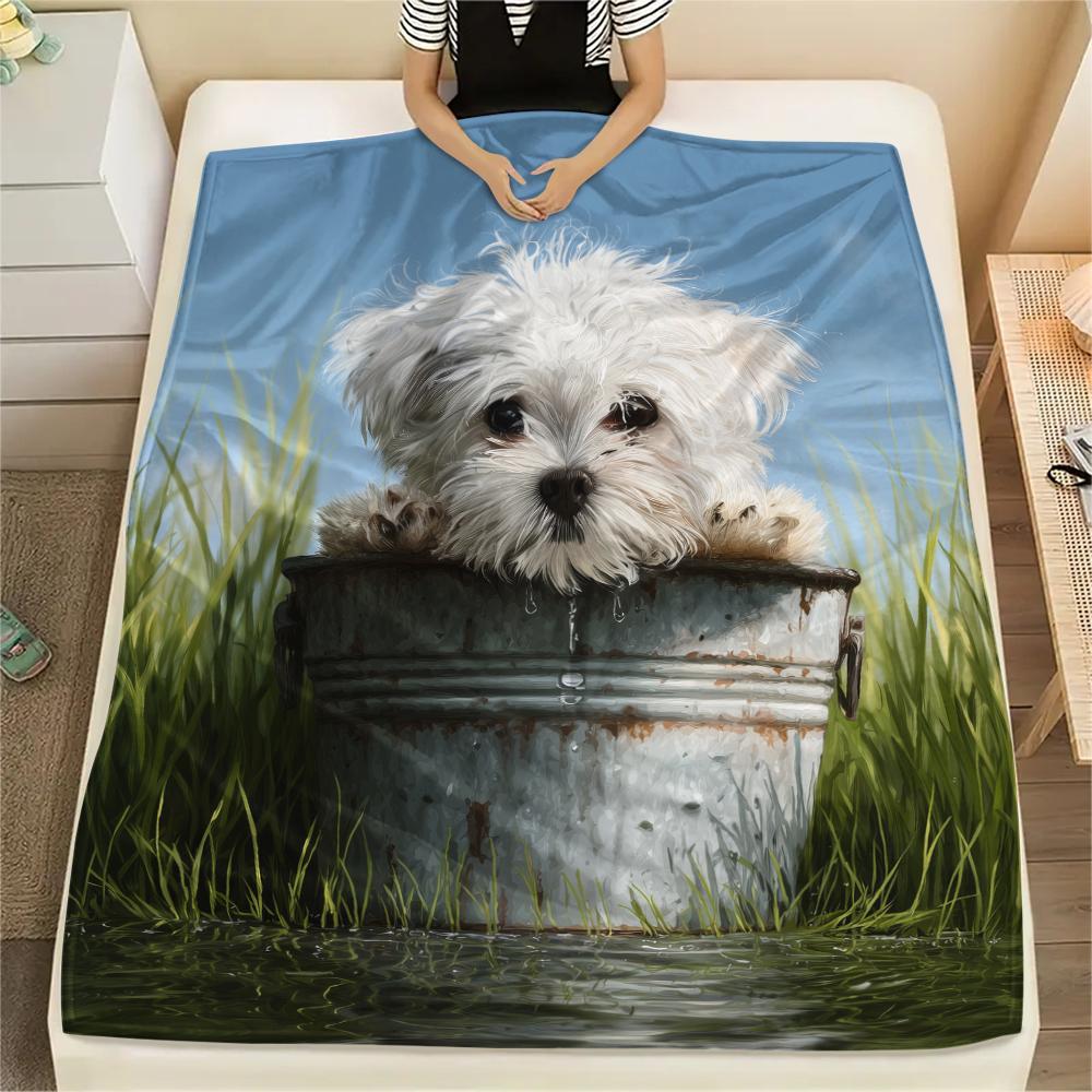 Maltese dog and grass,pattern Flannel Blanket, High quality Comfortable for All Seasons, Home Decor, Warmth and Comfort, Perfect for Gifts.