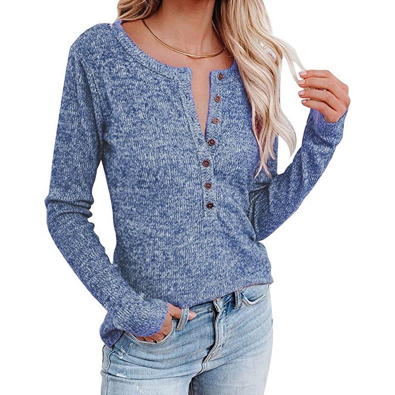 Осенне-зимняя женская повседневная футболка с длинными рукавами на пуговицах на груди