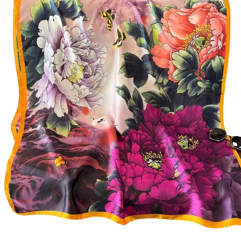 New Spring and Autumn Retro Floral Cranes Temperament Simulation Silk Large Long Scarf Sunscreen Outwear Shawl Female Silk Scarf