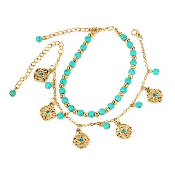 2 шт./набор новых богемских бирюзовых камней с бусинами из синего кирпича, полые цветочные пластины, браслет на лодыжку, пляжные украшения для ног ADM