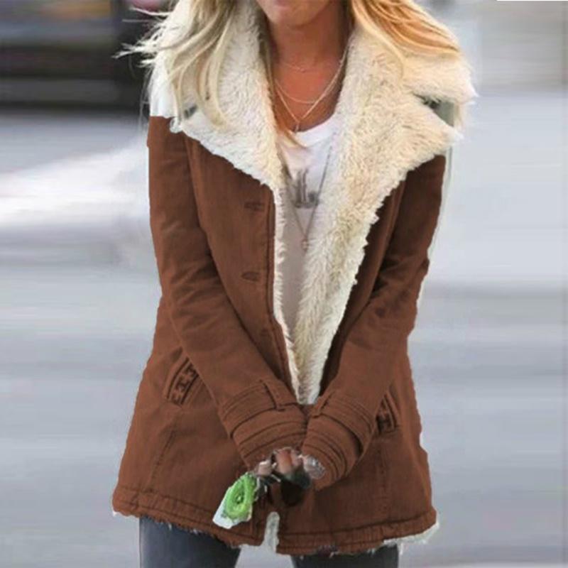 Женские осенне-зимние теплые куртки с отложным воротником на подкладке из искусственного меха, женская мода, толстые куртки с лацканами, верхняя одежда с пуговицами, большие размеры