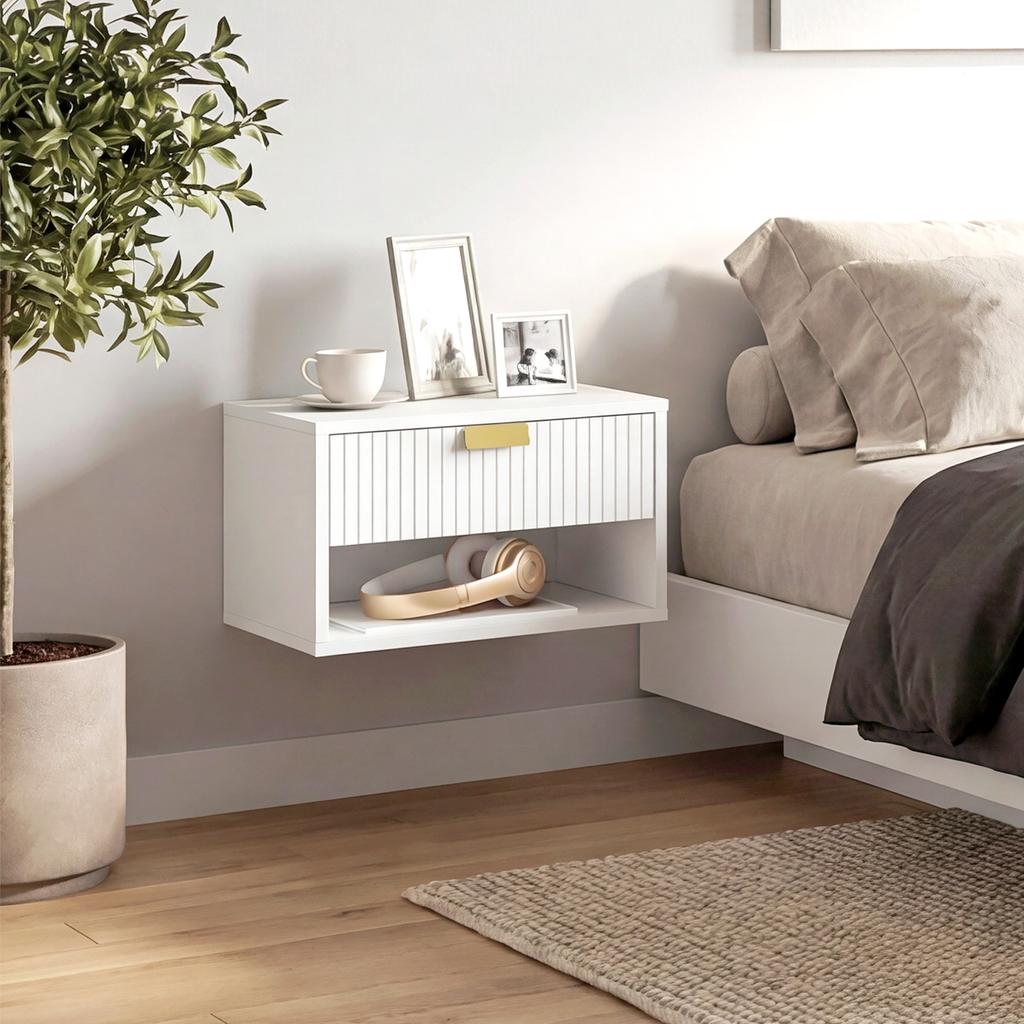 Set of 2 Floating Nightstands, Drawer, Wavy Front, Open Shelf, 40x30x25 cm, White