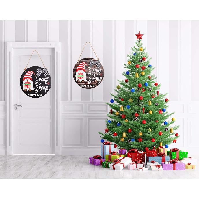 CYNOSA Interchangeable Seasonal Gnome Sweet Gnome Welcome Sign Front Door Decor Wooden Gnome Door Hanger, 12 Inches Farmhouse Wall Sign Gnome Decor