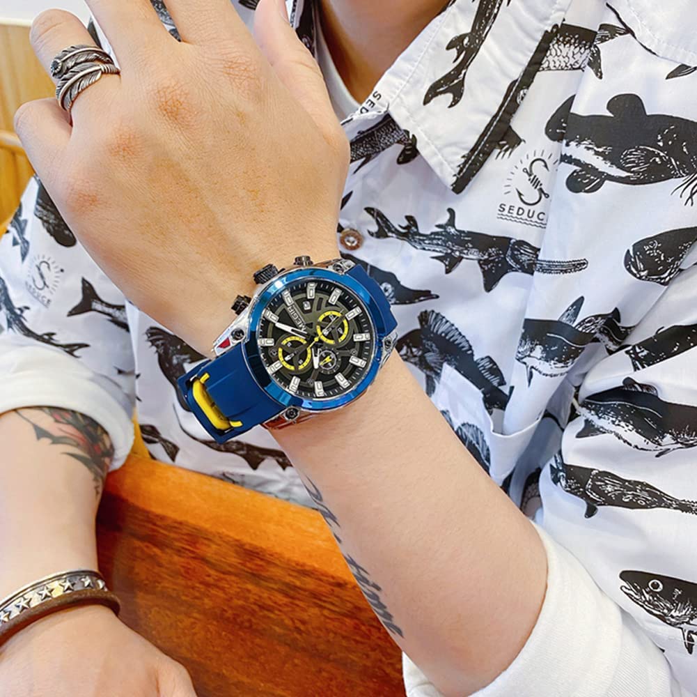 MEGIR спортивные часы модные хронограф водонепроницаемые кварцевые повседневные наручные часы с датой для мужчин с силиконовым синим мужским ремешком, желтый. , 2021.