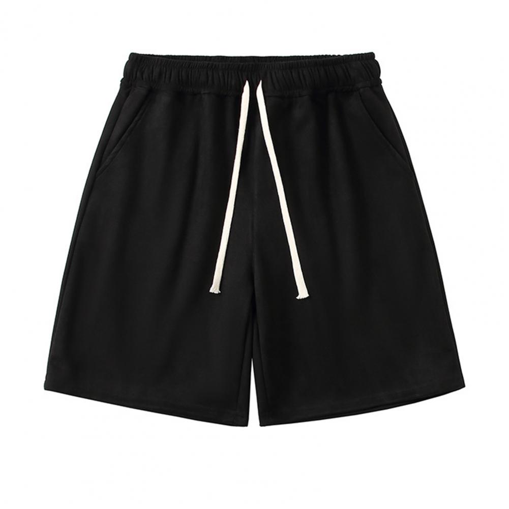 Men Summer Athletic Shorts Mid-rise Elastic Drawstring Waist Shorts Pockets Wide Leg Running Solid Color Suede Shorts