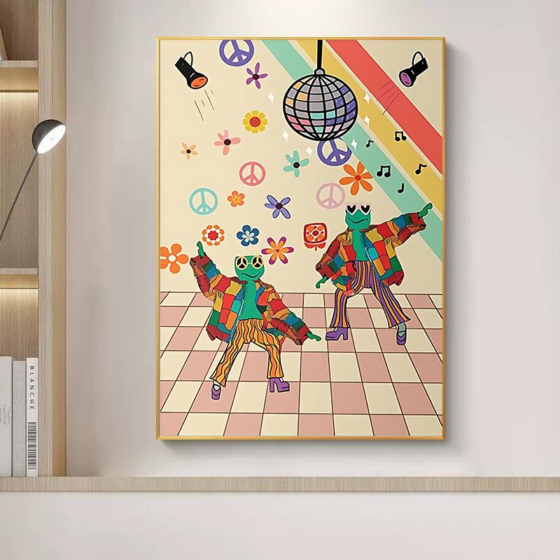 Забавная лягушка, дискотека, триповый постер, холст, картина, ретро 70 s, хиппи, диско-шар, танцующие лягушки, настенное искусство для гостиной, домашний декор