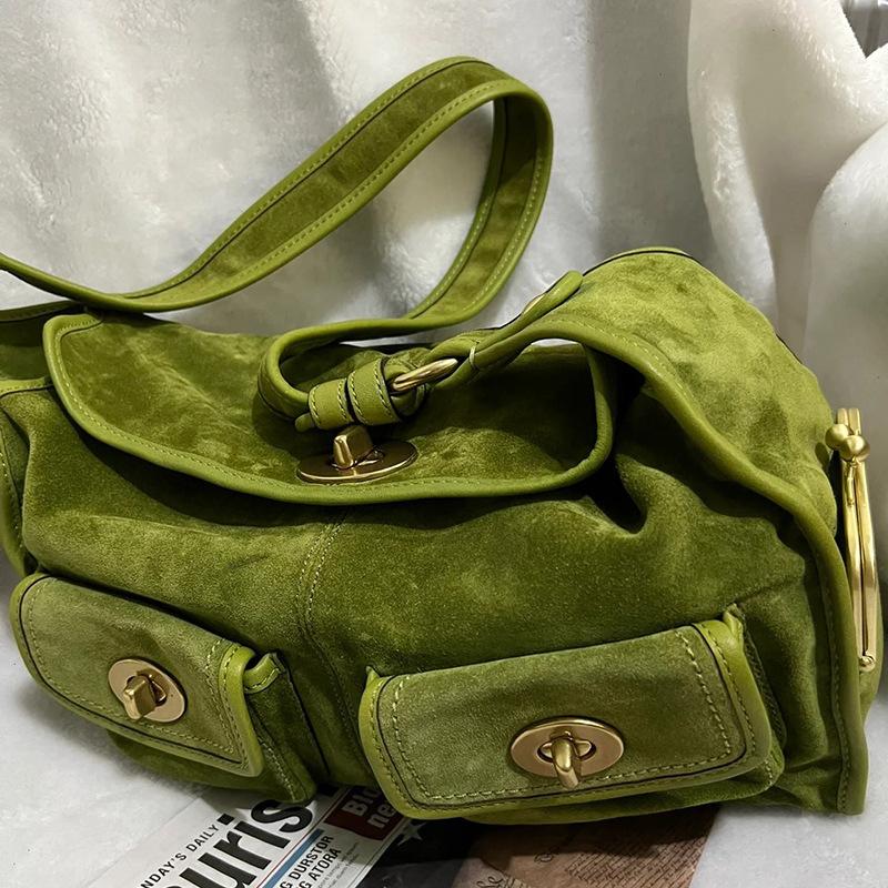 Retro Fashion Suede Shoulder Bag Multiple Pockets Motorcycle Crossbody Bag Underarm Bag Large Capacity Commuter Bag New Handbag