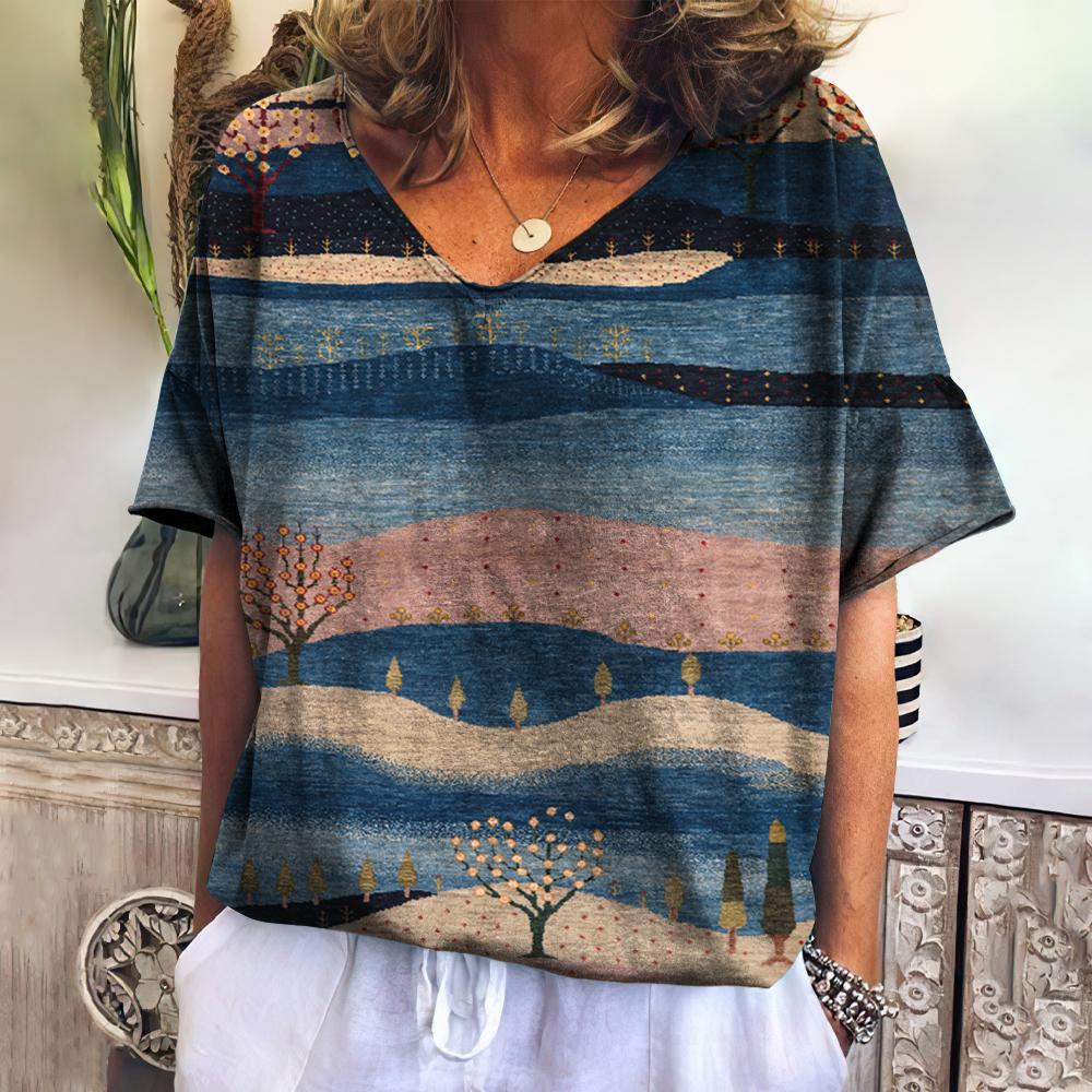 Summer Women's T-shirt Landscape V-neck T Shirt Ladies Fashion Short Sleeve Tops Retro Streetwear Fashion Clothes Female Casual
