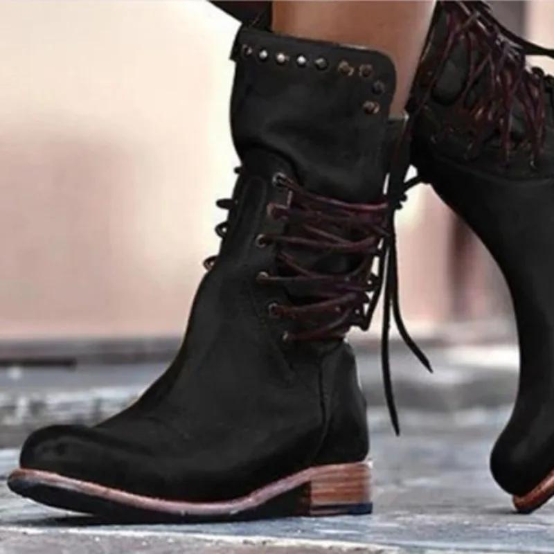 Ретро женские сапоги ковбойские сапоги для женщин на каблуке средней длины женские мотоциклетные сапоги римские женские туфли из искусственной кожи Botines