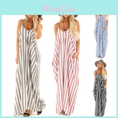 Удобное и свободное женское летнее полосатое длинное платье макси для повседневных пляжных дней