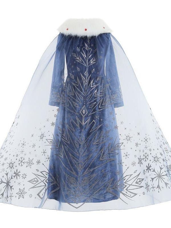 Kids Winter Birthday Party Dress Long Sleeve Princess Elsa Costume Girls Tutu Ball Gown with Faux Fur Collar