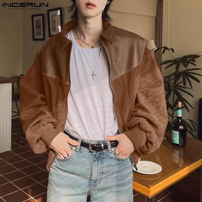 INCERUN Винтажные мужские лацканы с длинным рукавом на молнии из кожи PU в стиле пэчворк из замши, куртки