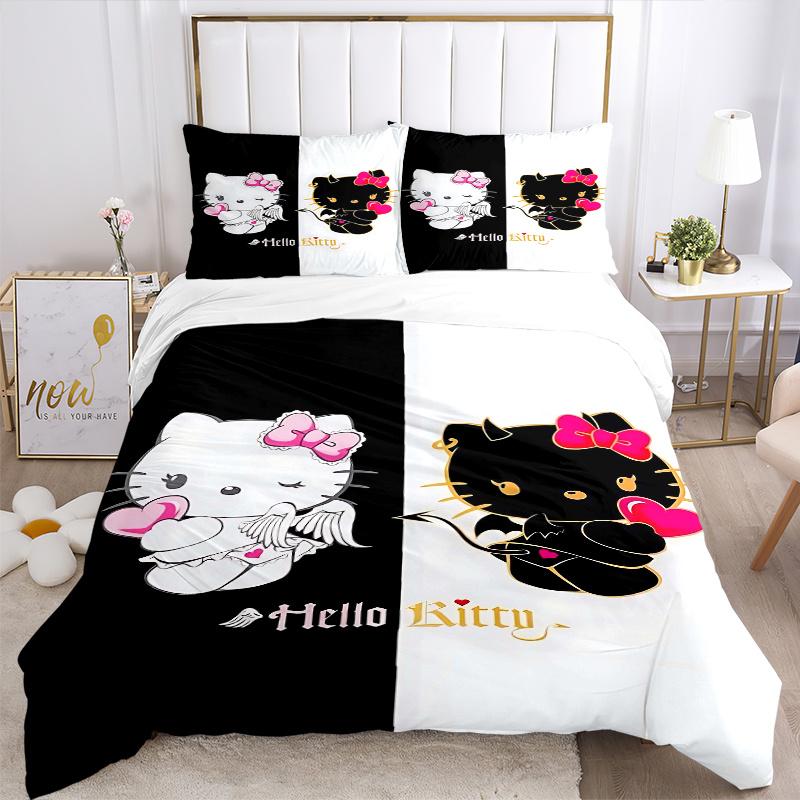 3pcs Hello Kitty Angel & Devil Quilt Cover Set (1 Quilt Cover + 2 Pillowcases Without Pillow Core), High-Definition Printing for Home and Dormito