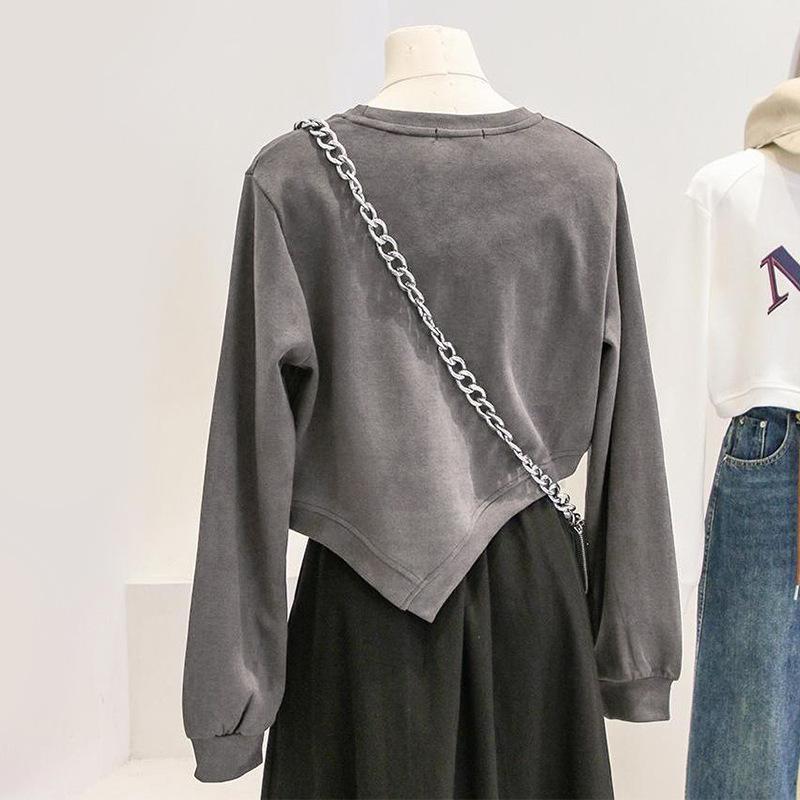 Женская свободная принтованная короткая женская толстовка с длинным рукавом и неровным подолом