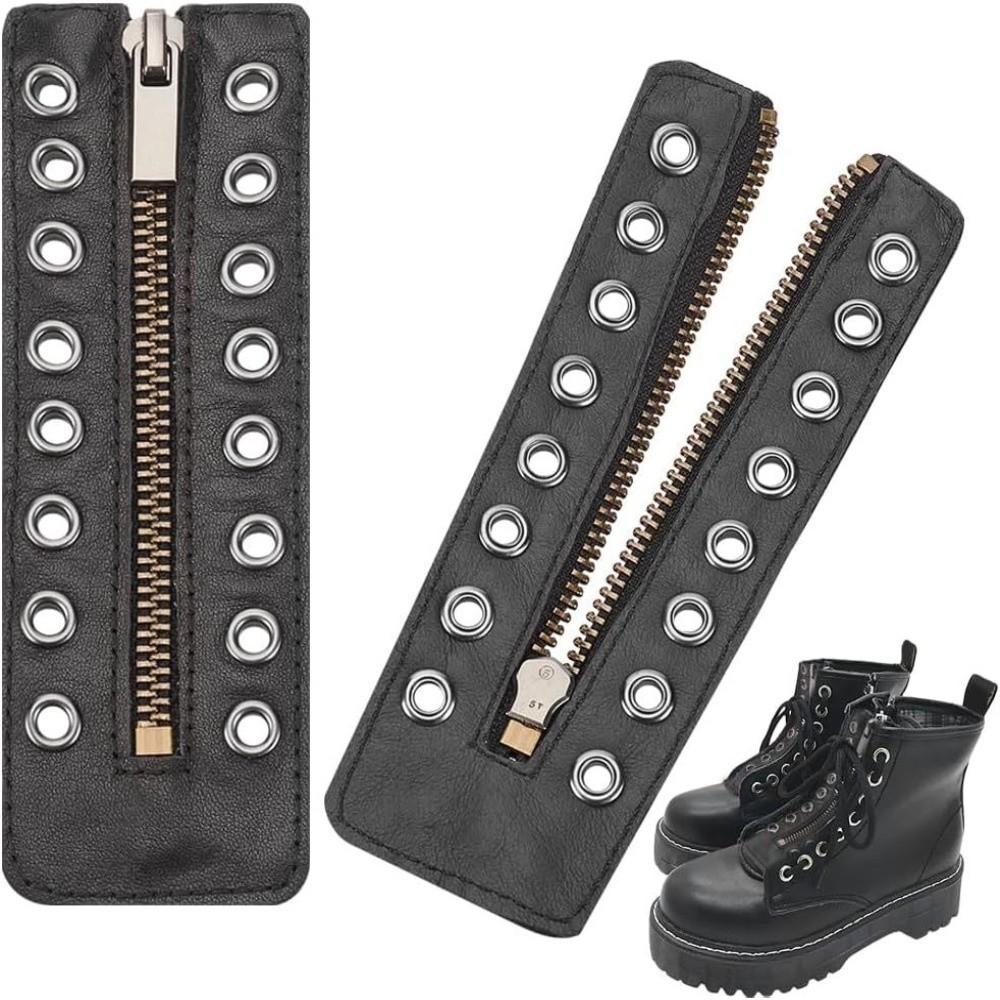 Black Leather Lace-in Boot Zipper Inserts Metal Eyelets 8 Holes Zipper Boot Laces Shoe Accessory Adjustable No Tie Shoe Laces