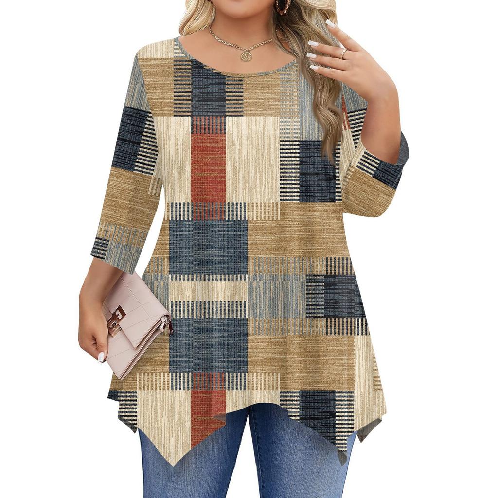 Womens Plus Size 3/4 Sleeve Shirts Round Neck Tunic Tops Basic Loose Fit Tee Tops L-5XL