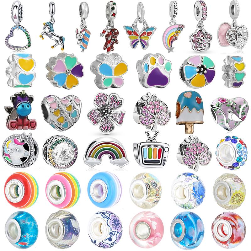 2pcs Colorful Paw Flower Butterfly Beads Rainbow Fit Original Brand Charms Silver Color Bracelets Necklaces Women Diy Jewelry
