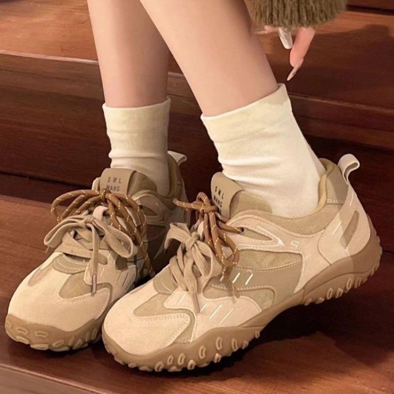 Fashion Women's Flat Sports Shoes Autumn New Round Head Splicing Front Lacing Soft Sole Anti-slip Wear-resistant Low-top Single Shoes