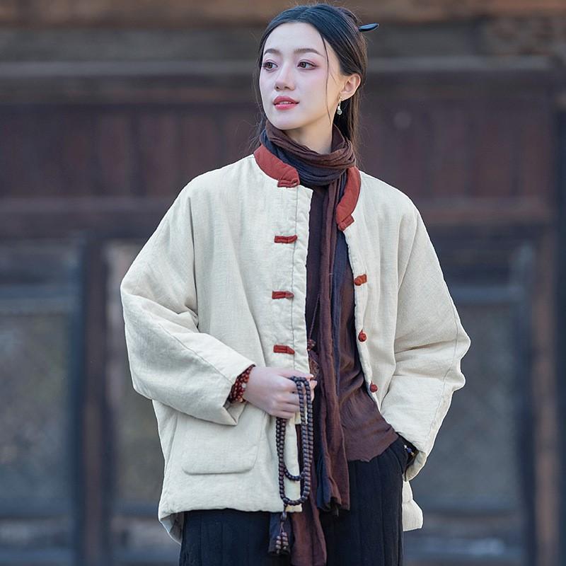 Johnature Китайский стиль пэчворк цвет зима для женщин стойка кнопки теплое пальто карманы пальто