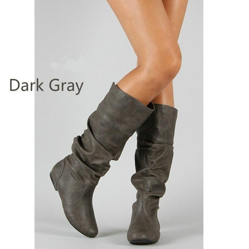 Женские ботинки большого размера, женские модные нескользящие ботинки на плоской подошве, однотонные повседневные плиссированные высокие сапоги
